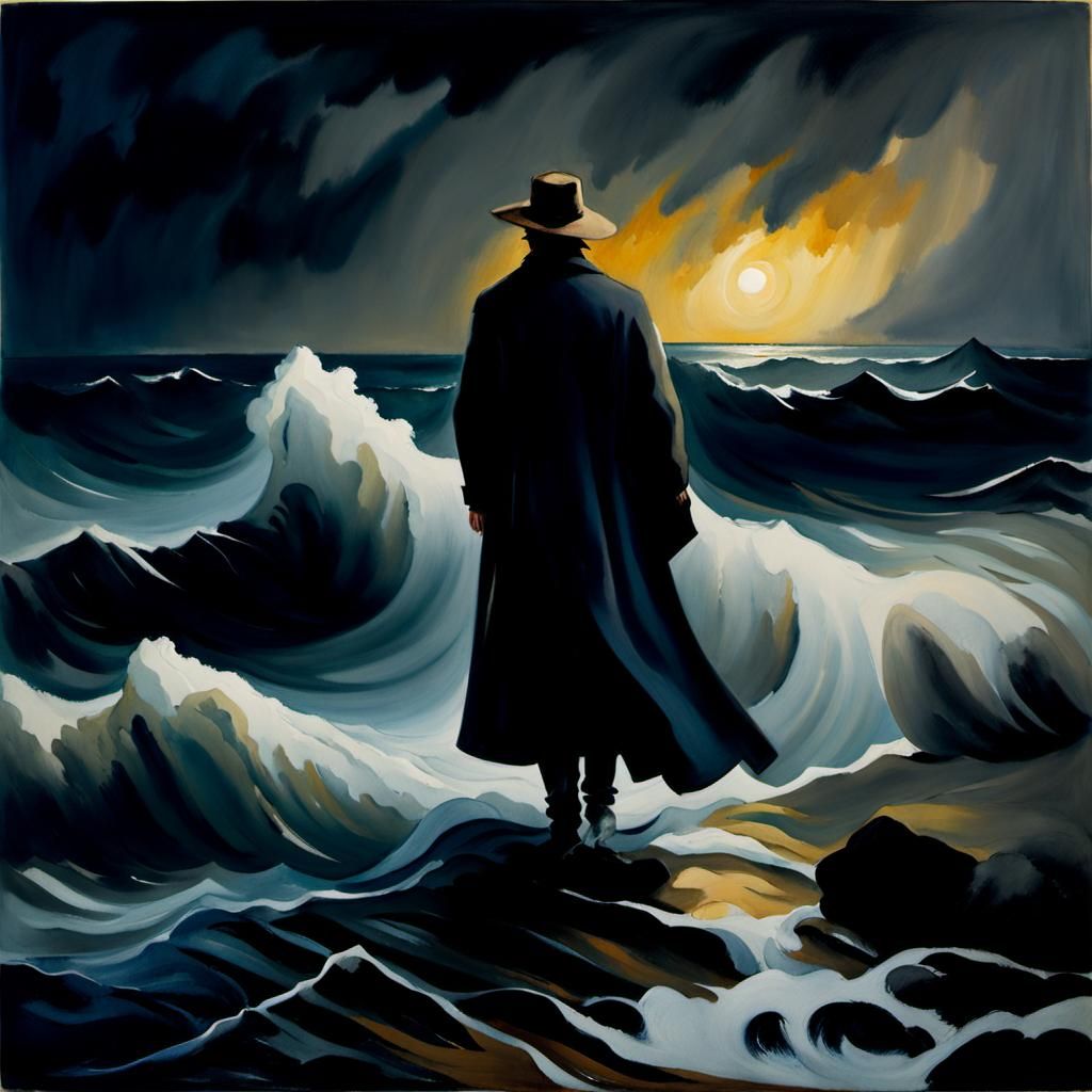 Figure at Winter Sea in Watercolor Style