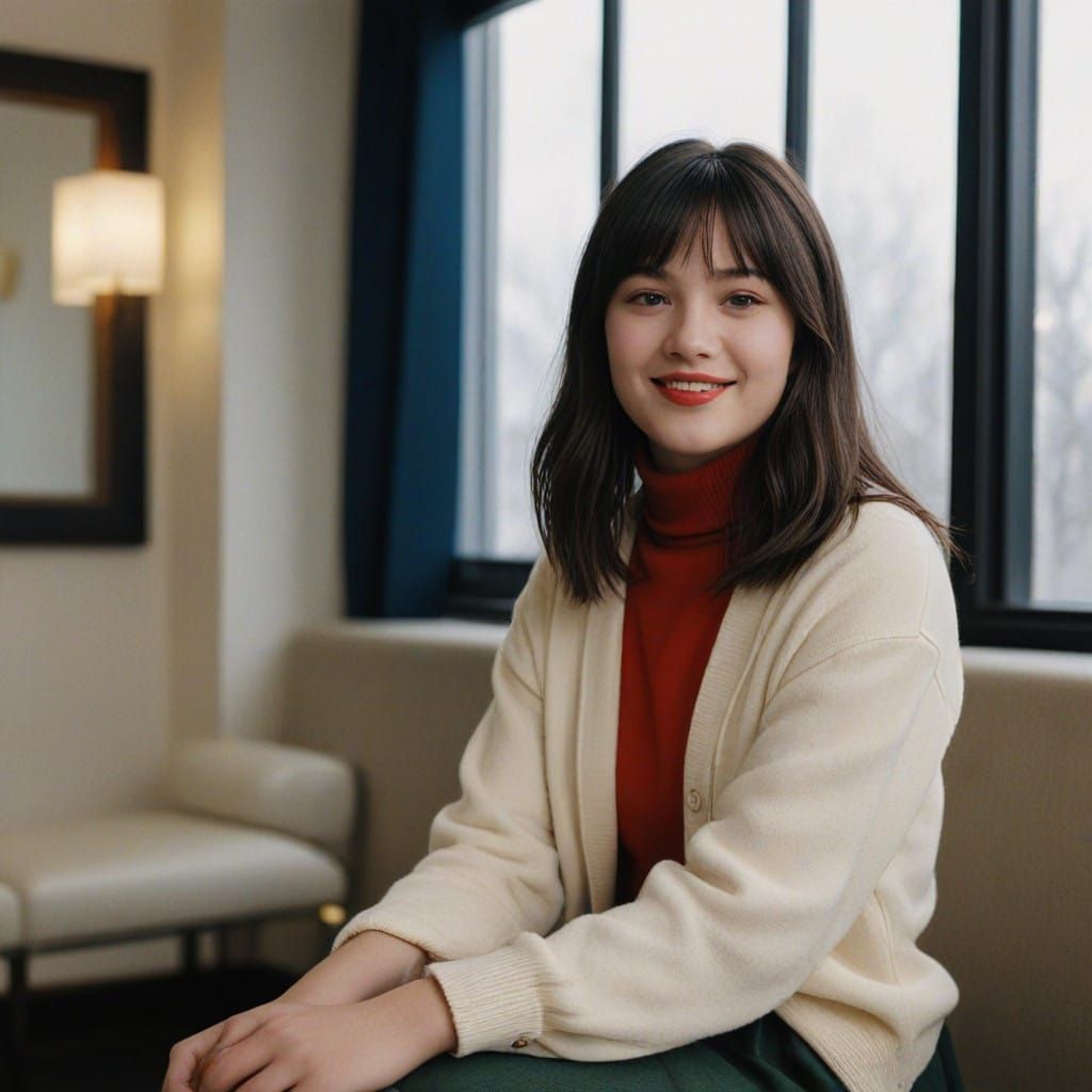 Chubby Teen Girl Sits in Waiting Room with Cinematic Film St...