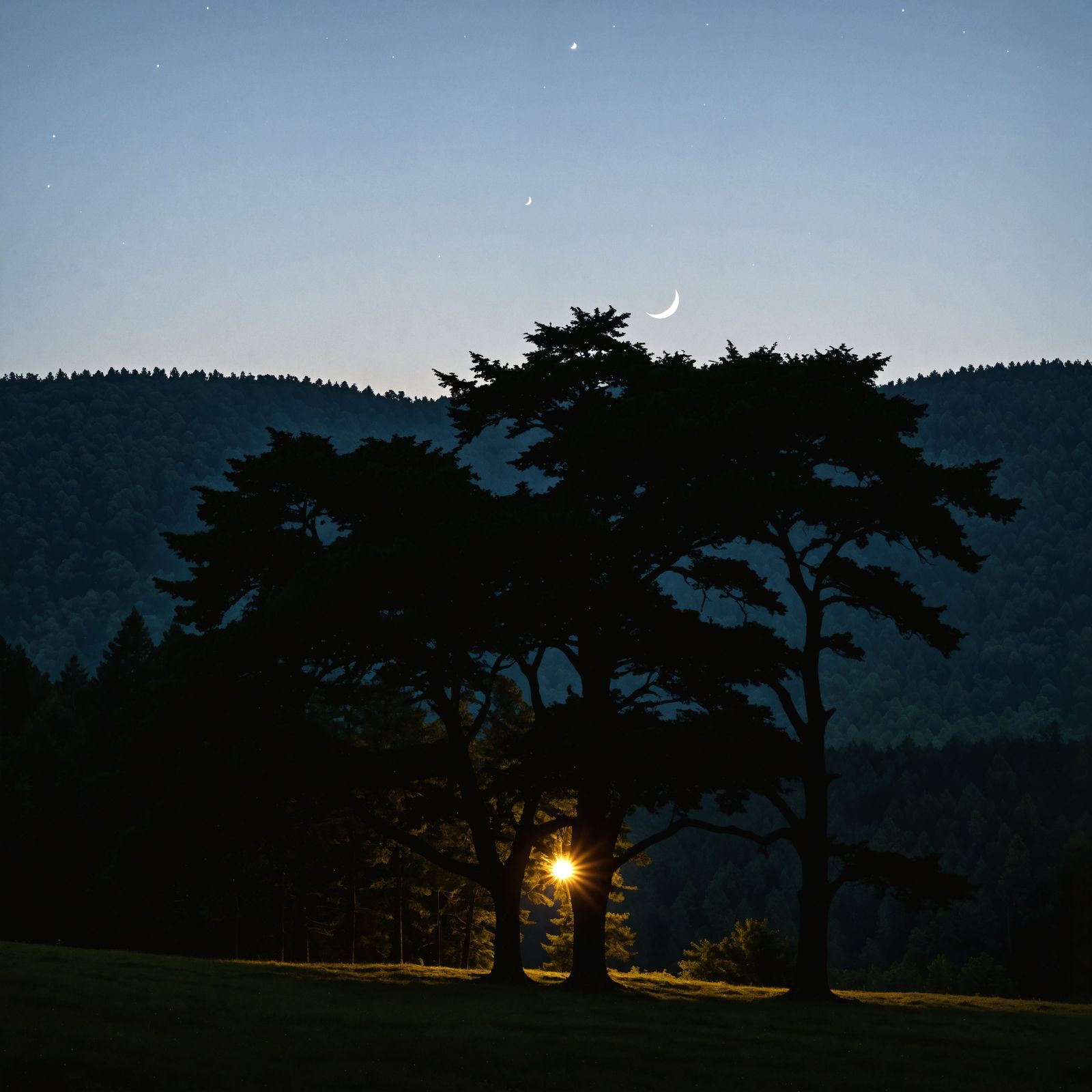 Luminous Crescent Moon Illuminates Forest Landscape in Hyper...