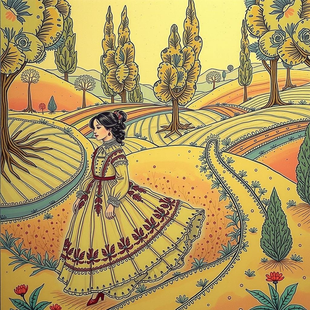 Ornate Figure in French Countryside with Golden Light