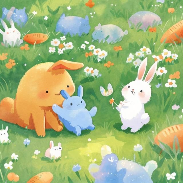 Whimsical Watercolor Rabbit Eating Carrot