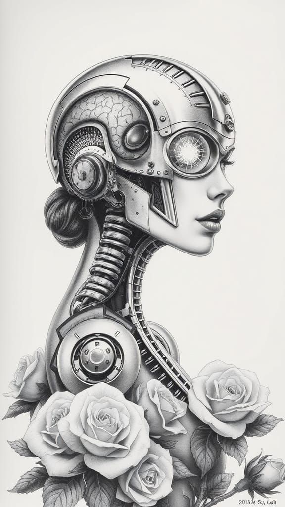Futuristic Cyborg with Celestial Brain in Graphite Style