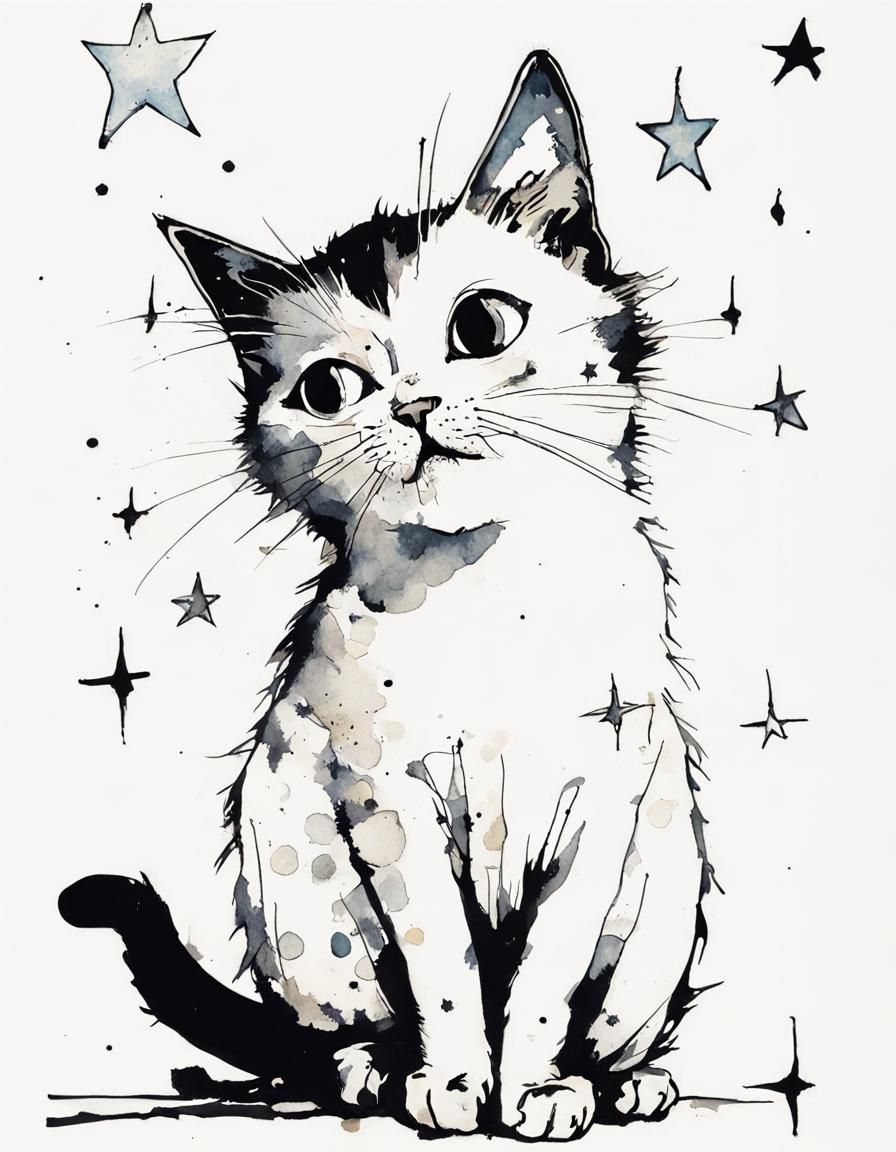 Cartoon Kitten Catches a Star: Vector Art
