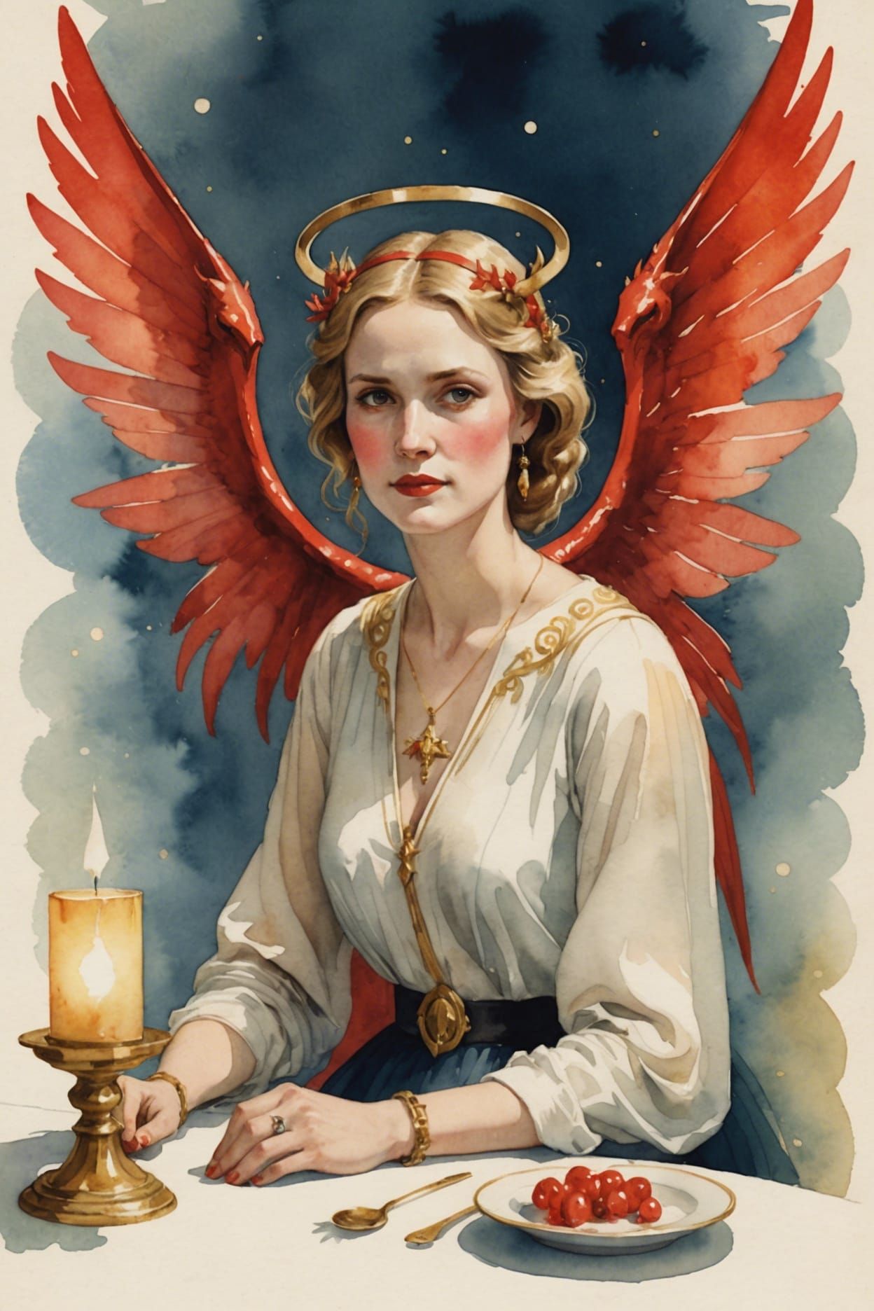 a Caucasian woman sitting a table. there is one tiny red dev...