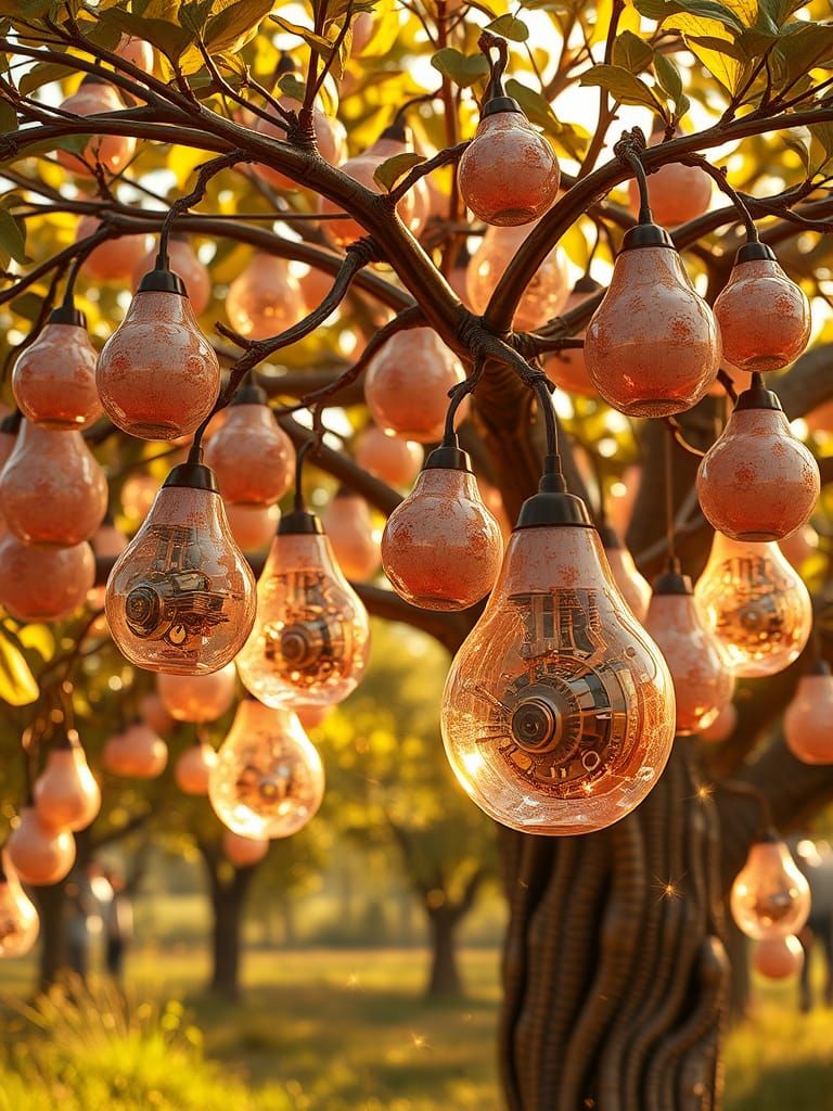 Clockwork Tree Bearing Crystalline Pears in Orchard