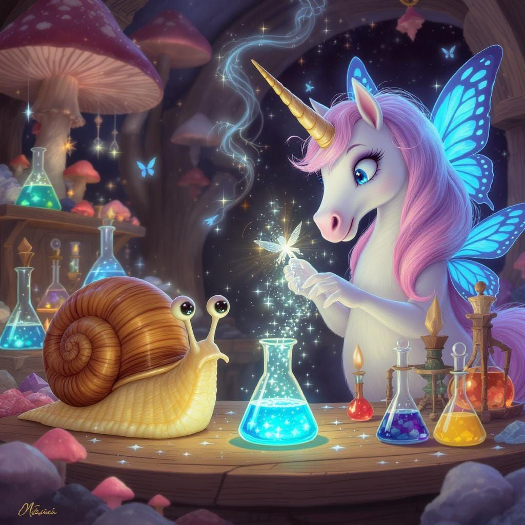 Whimsical Fairytale Scene with Snail, Unicorn and Fairy