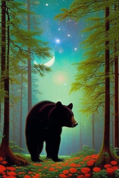 Black Bear Silhouette in Moonlit Fairycore Forest