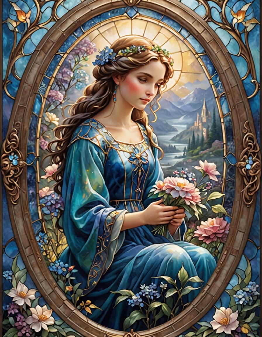 Stained Glass Art: Blue Flower in Oval Frame