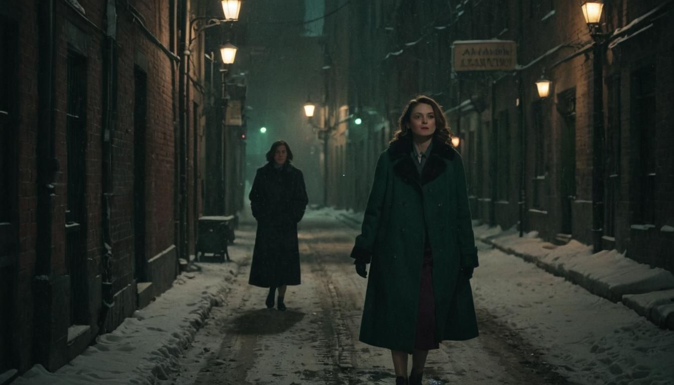 Vibrant Film Noir Scene in Winter Alleyway with Flickering S...