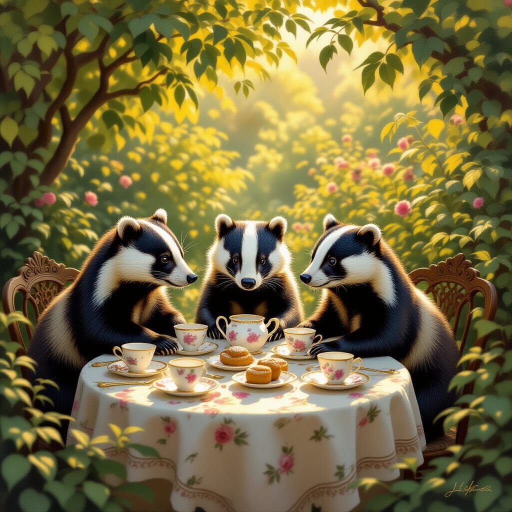 Badger Family Tea Party in Sun-Dappled Victorian Garden