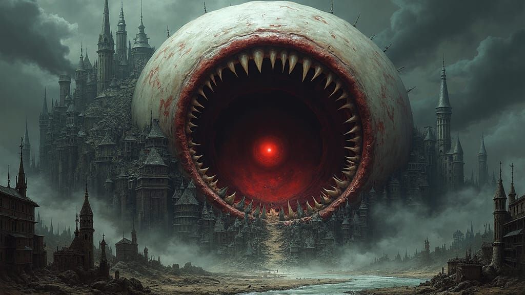 Evil Gargantuan Eyeball Devours Steampunk Metropolis