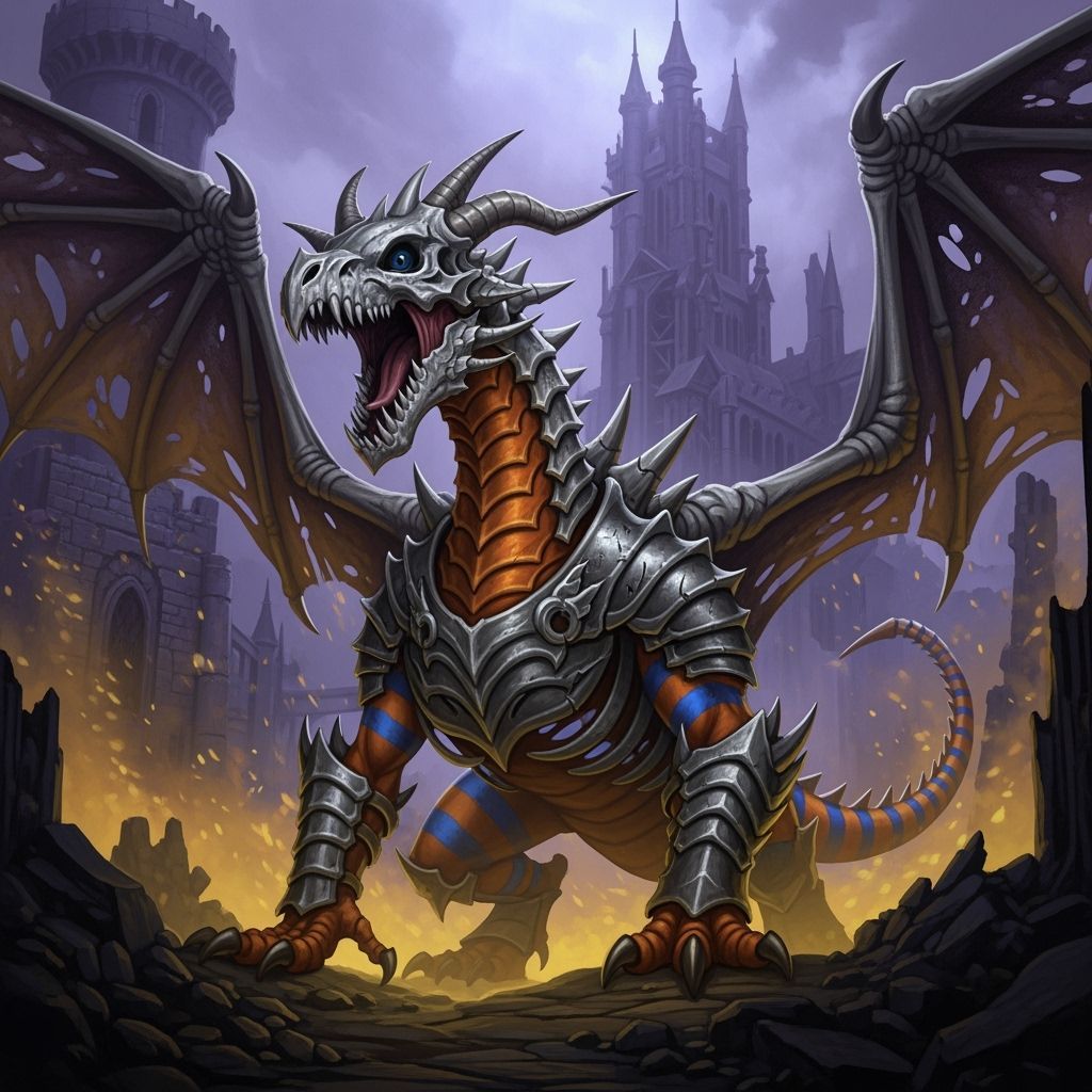 Skeletal Dragon in Bone Armor Roaring in Castle Ruins