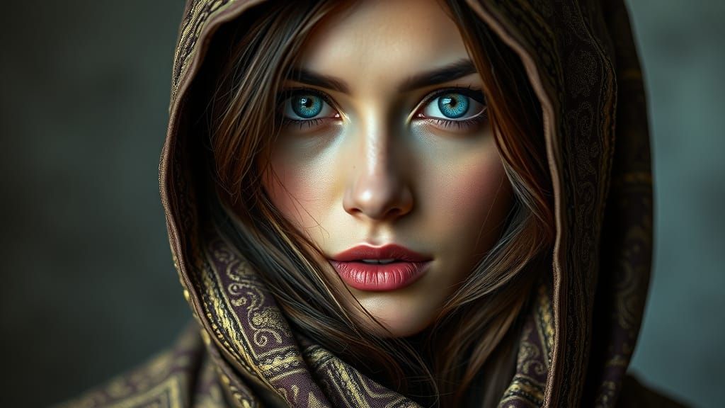 Brunette with Blue Eyes in Embroidered Hood