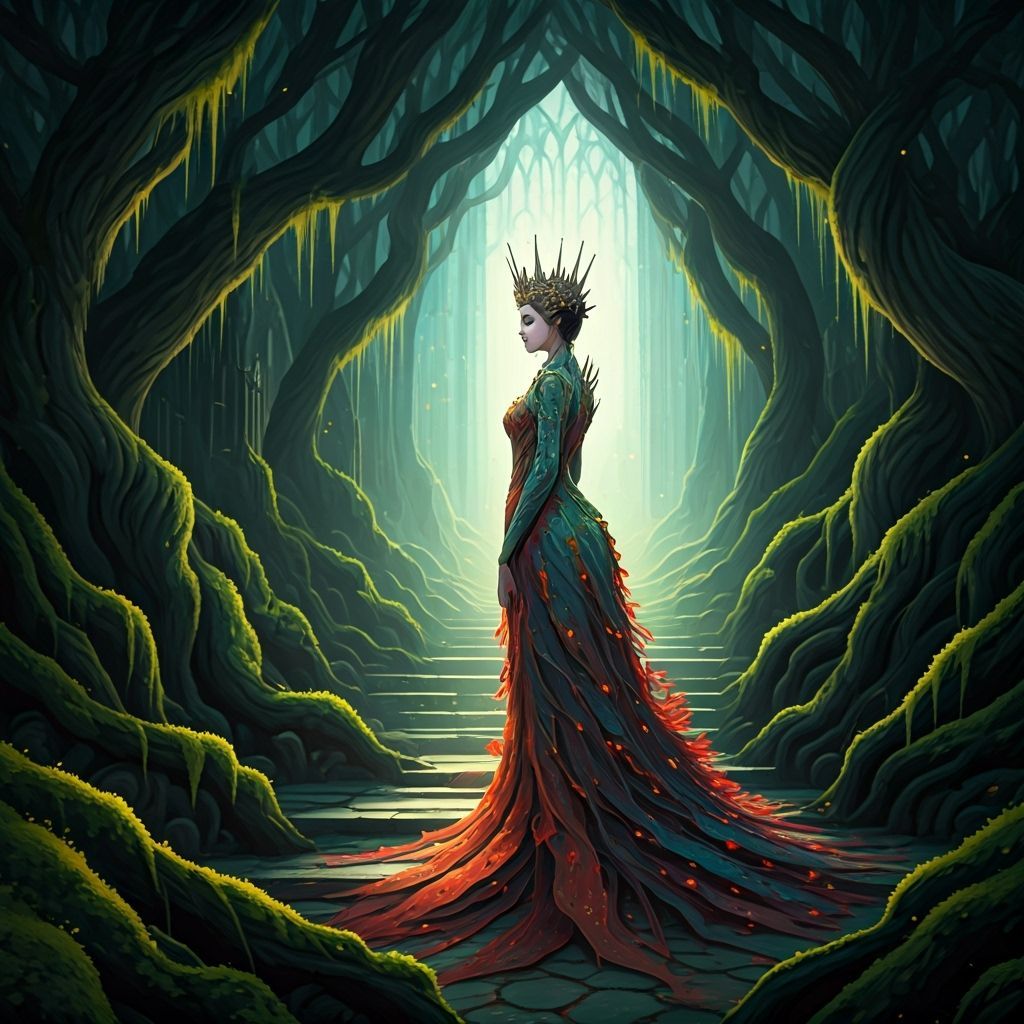 Regal Queen in Enchanted Forest with Bioluminescent Flora