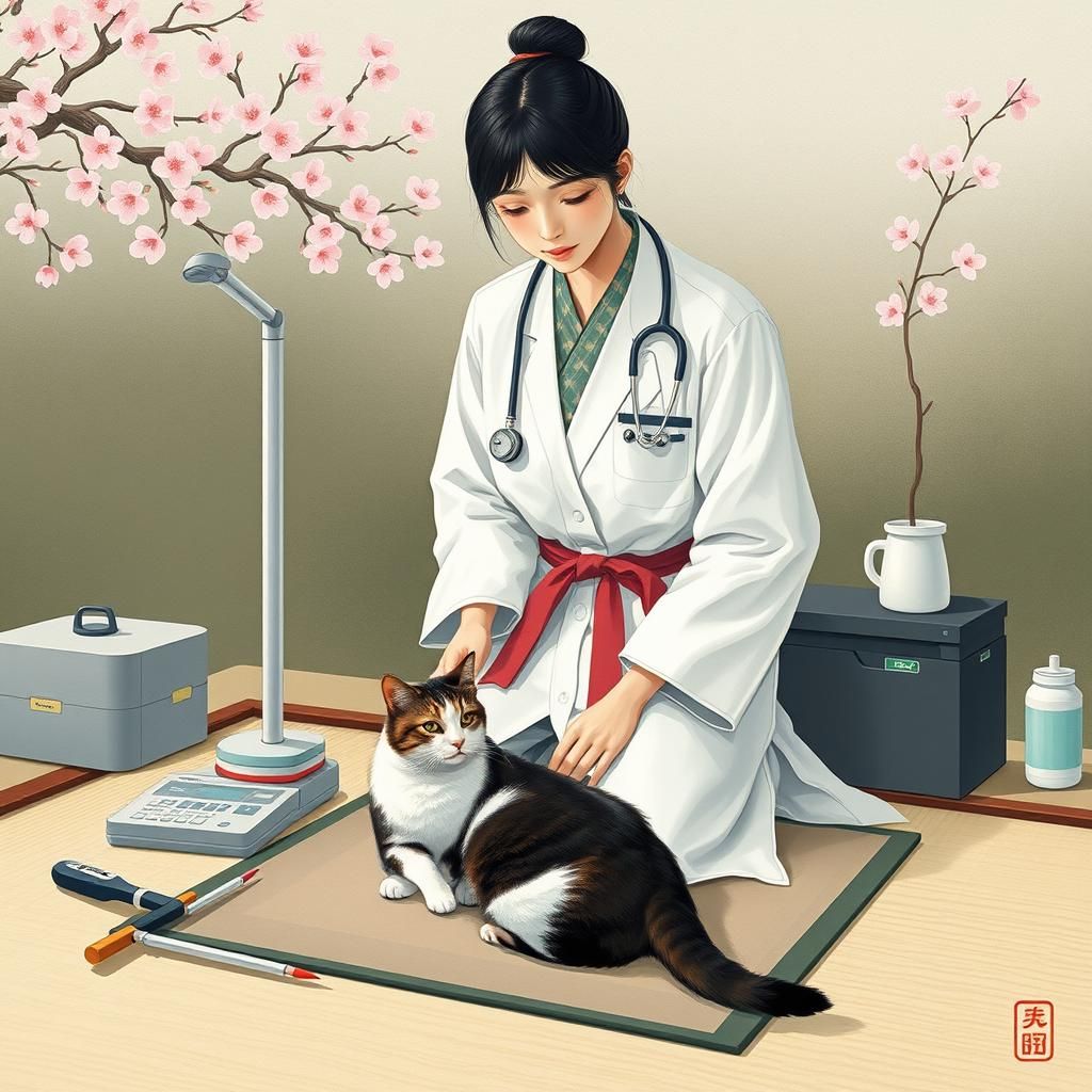 Japanese Medical Assistant Cares for Cat: Mixed Media Art