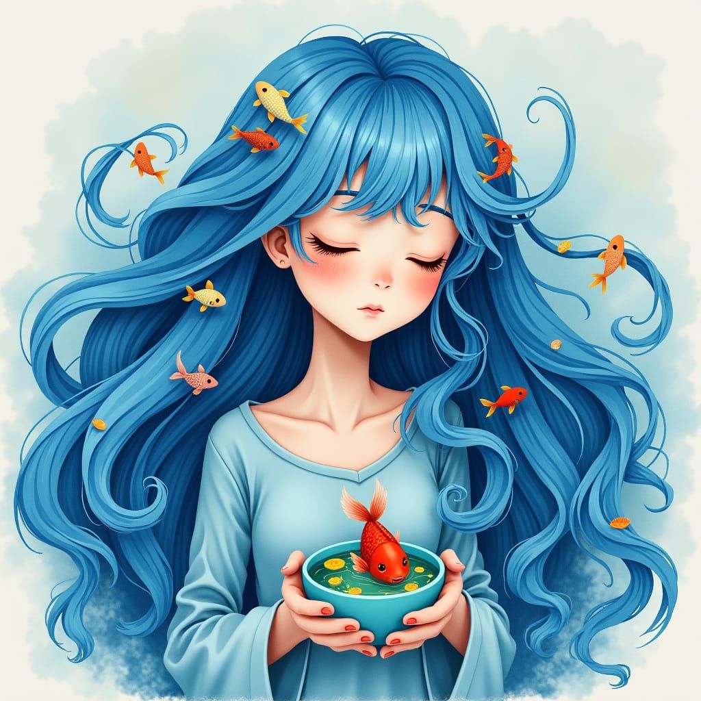 Oceanic Waterfall Hair: Serene Girl Portrait in Naive Art St...