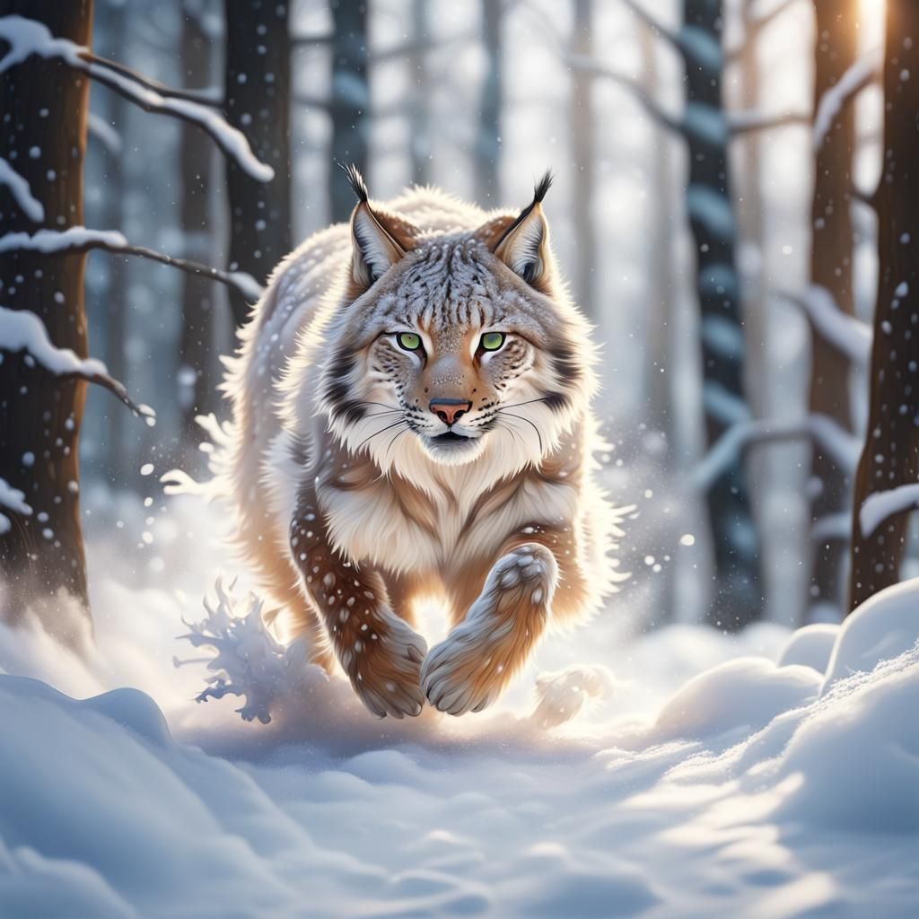 Lynx in Snowy Forest: Hyperrealistic Splash Art