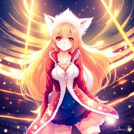 Anime Fox Girl Surrounded by Sparkles