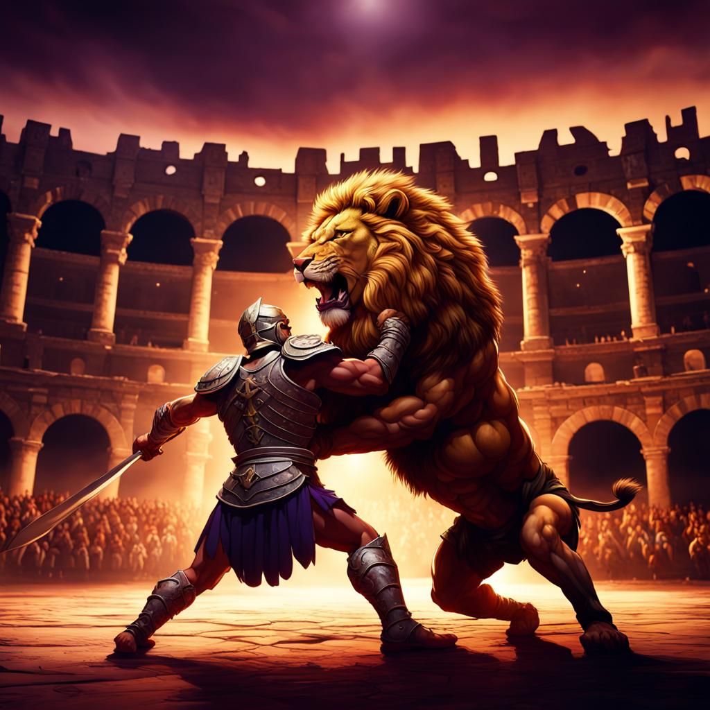 Gladiator and Lion in Colosseum: Dark Fantasy Art