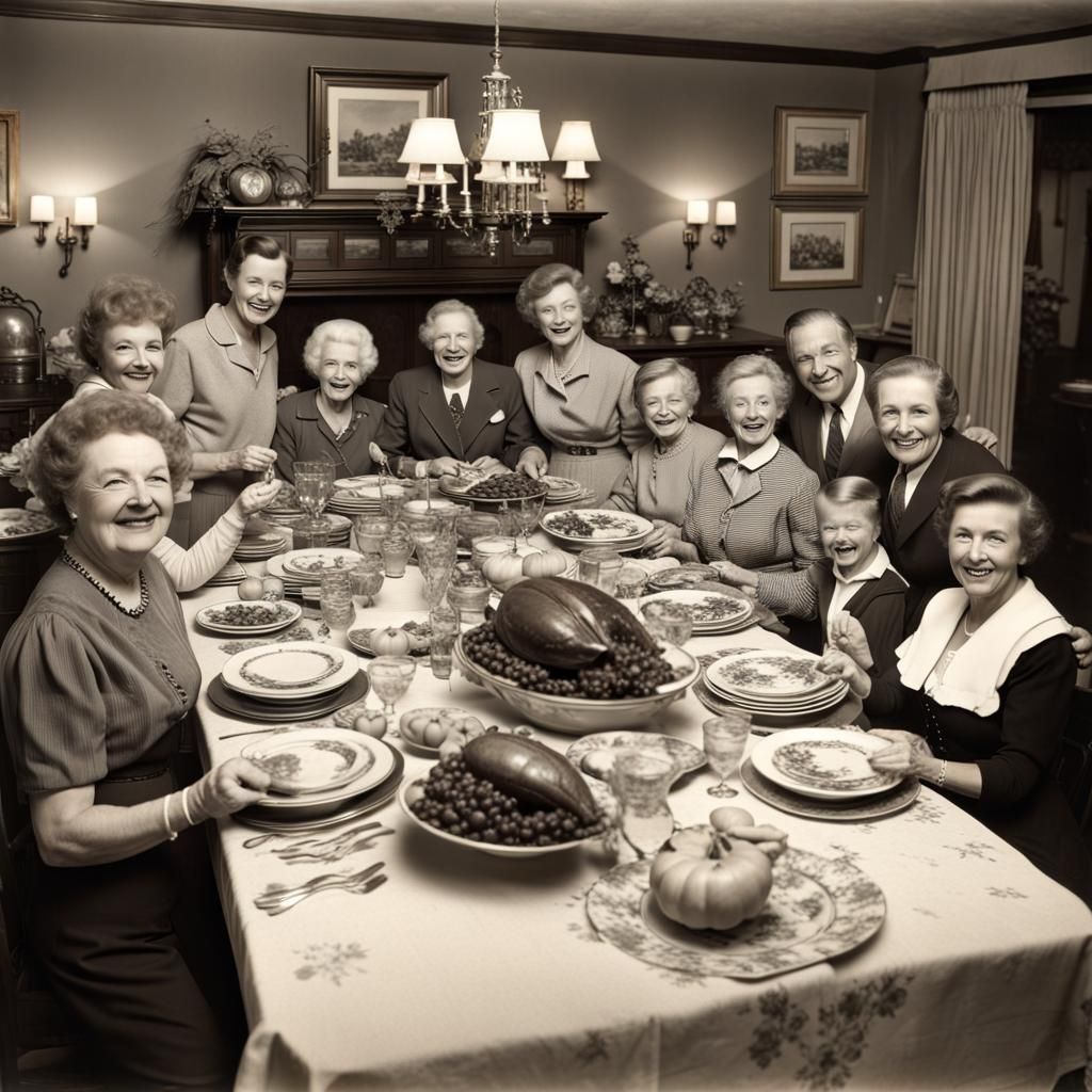 Happy Family Thanksgiving Dinner in 1950s Style