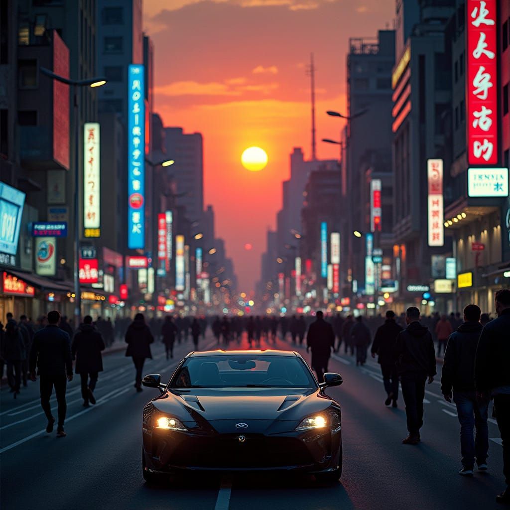 Cityscape at Dusk with Neon Lights and Stationary Car