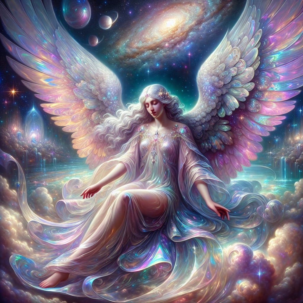 Iridescent Angel in Illuminated Space Scene