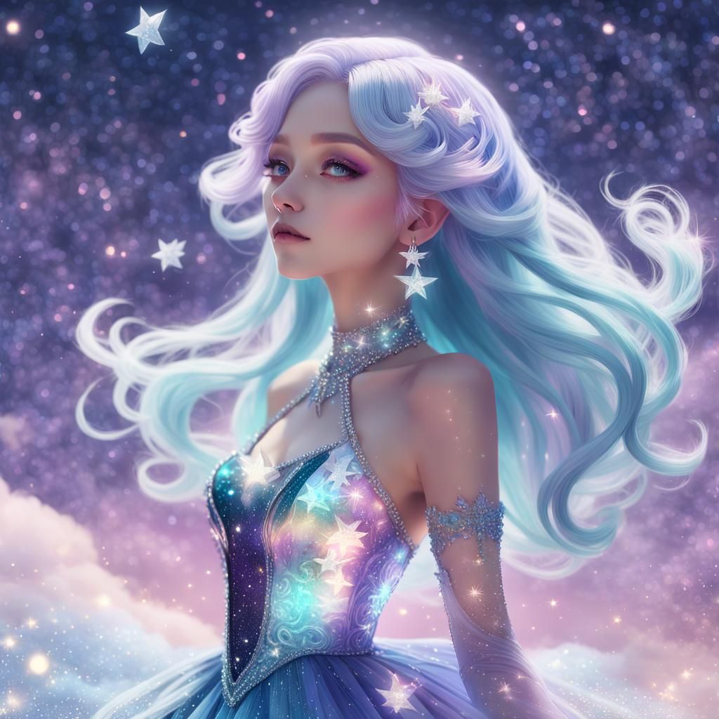 Celestial Anime Woman in Pastel Hues