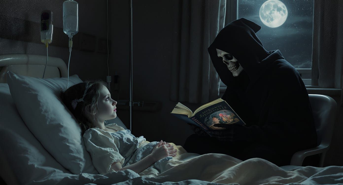 Grim Reaper Reading Fairytale, Oil on Canvas