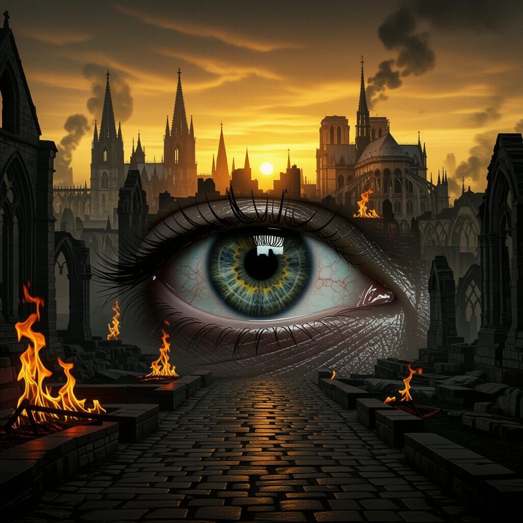 Enigmatic Eye Reflecting Post-Apocalyptic Gothic World