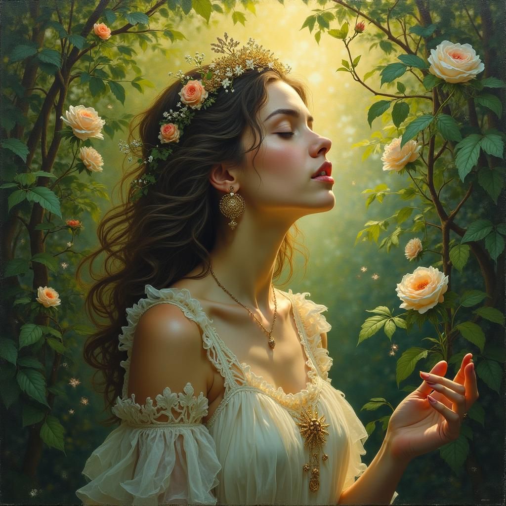 Mystical Woman in Lush Garden, Oil Painting