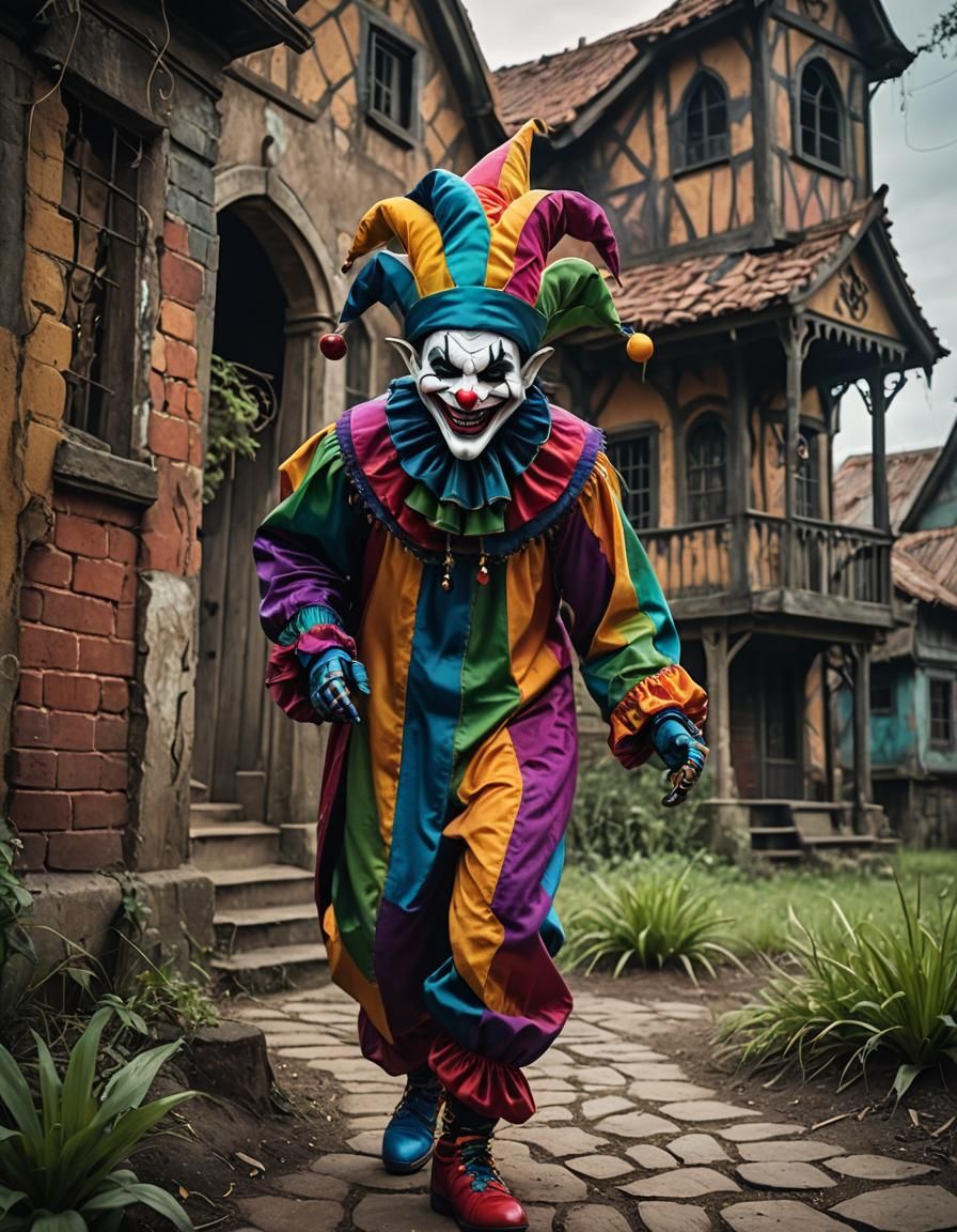 Sinister Jester in Haunted Landscape