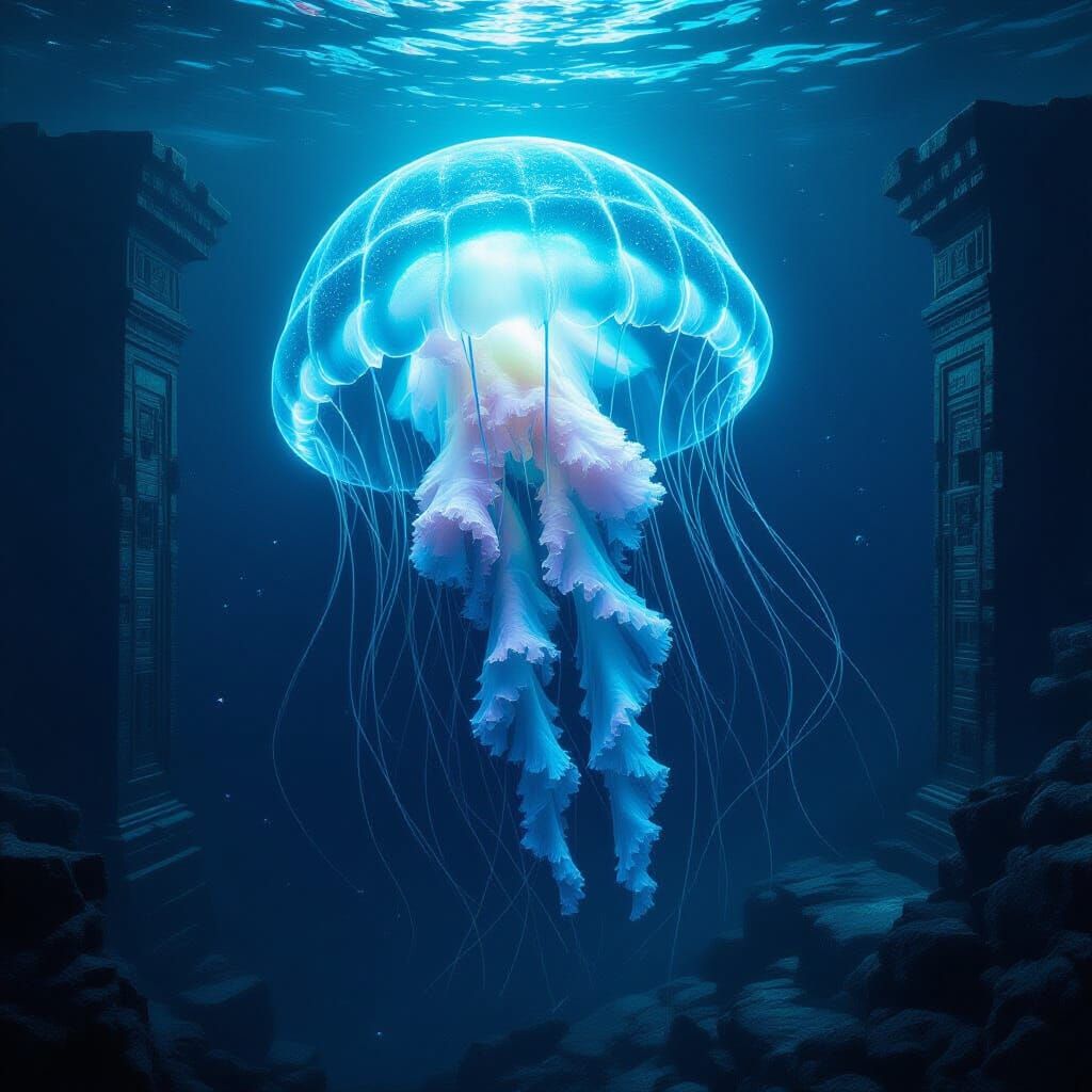 Bioluminescent Jellyfish Illuminates Alien Ruins in Dark Oce...