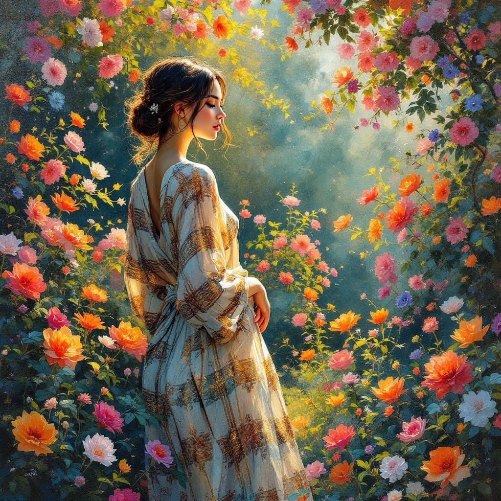 Elegant Woman in Vibrant Enchanted Garden