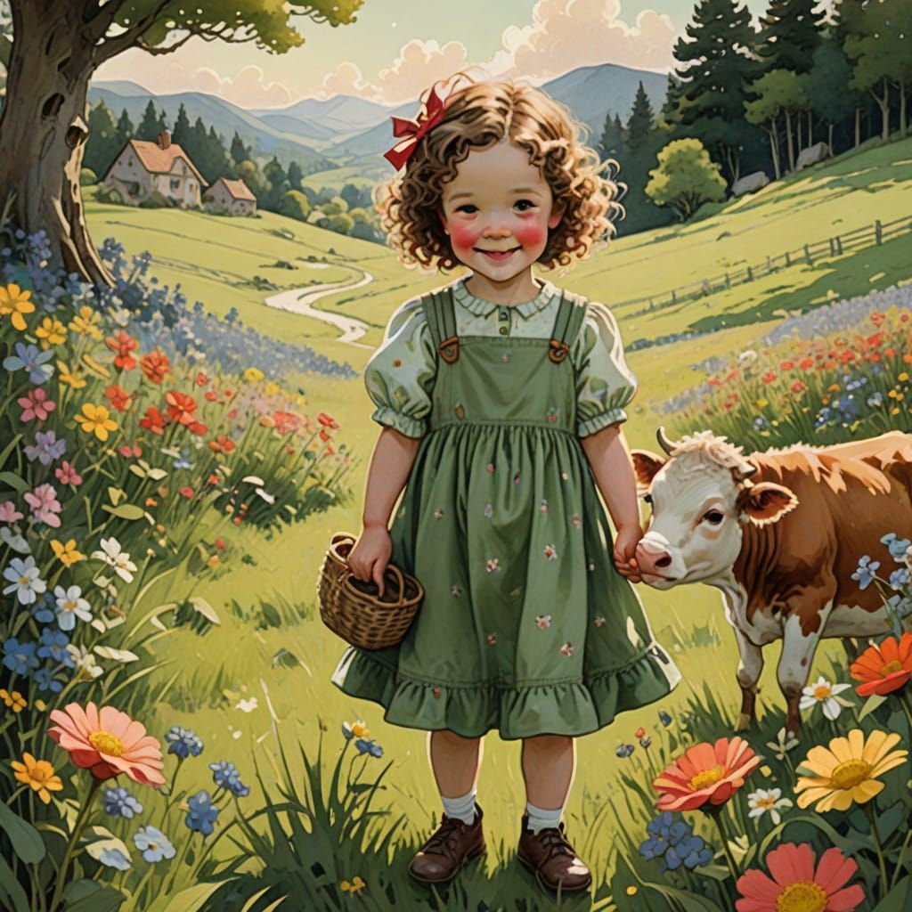 Charming Toddler and Adorable Cow in Whimsical Meadow Scene