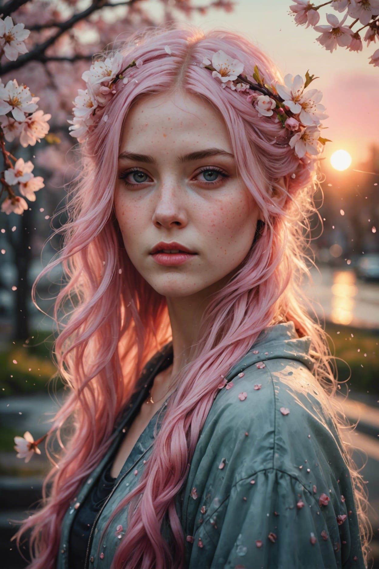 Watercolor Portrait of Girl with Cherry Blossoms