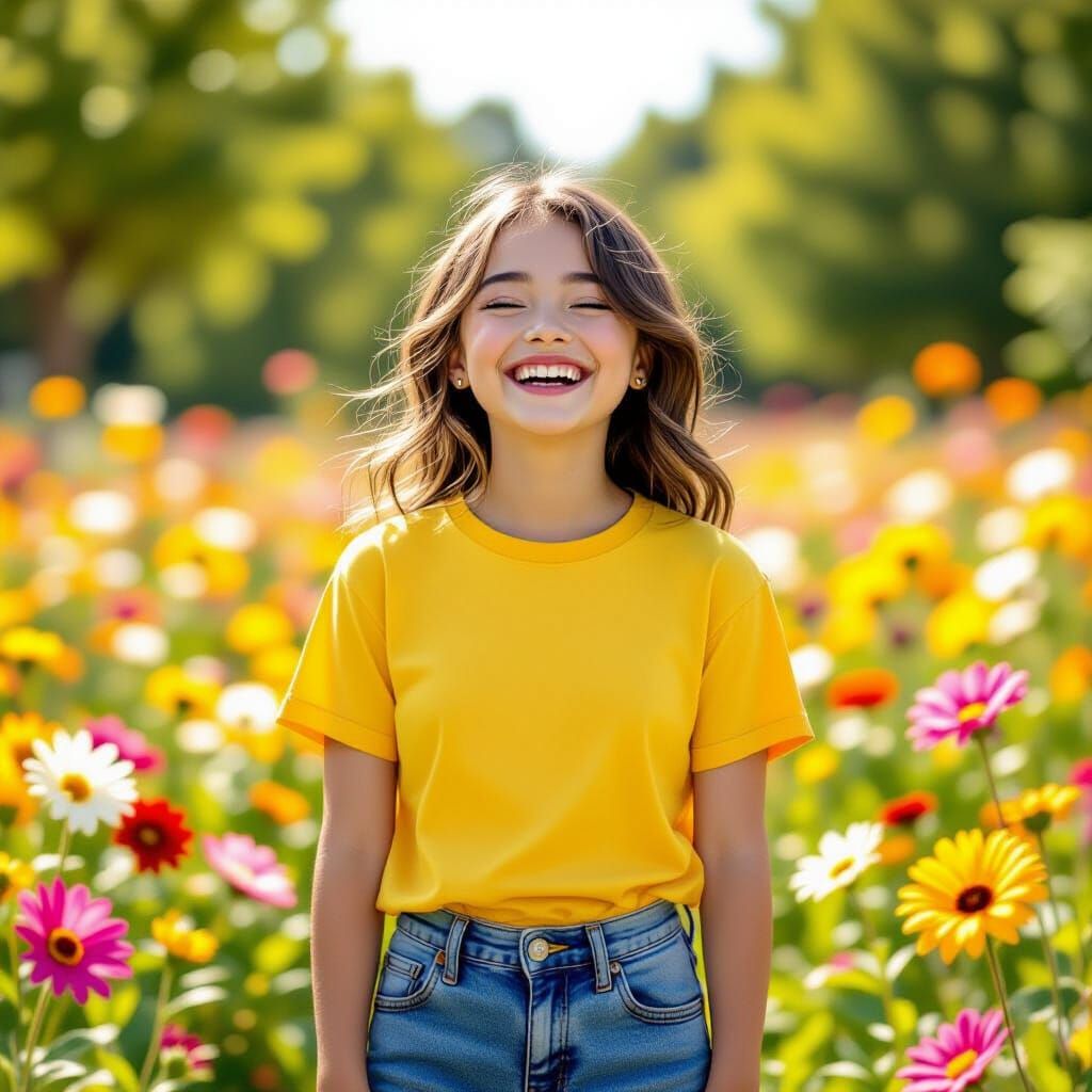 Joyful Portrait in a Sunny Flower Park