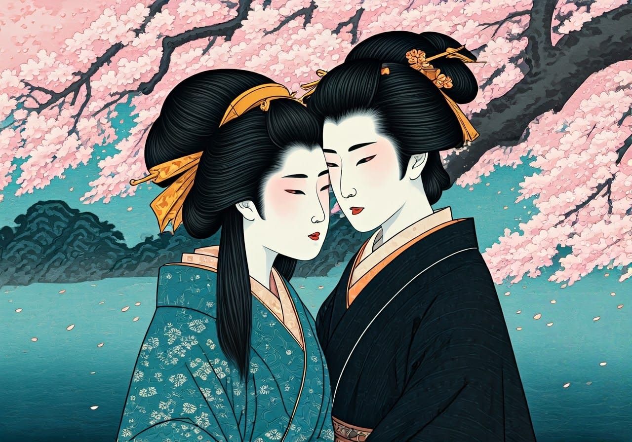 Geisha and Samurai in Ukiyo-e Style Cherry Blossom Embrace