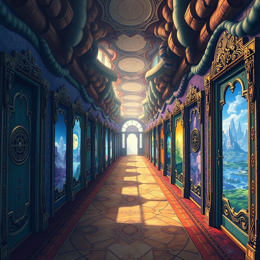 Mystical Hallway of Doors to Fantastical Worlds