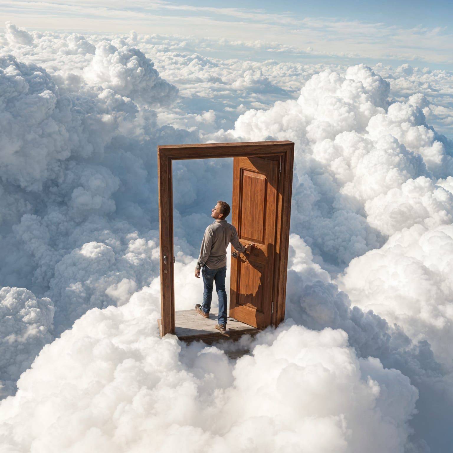 Man Exits Doorway on Cloud Above Earth