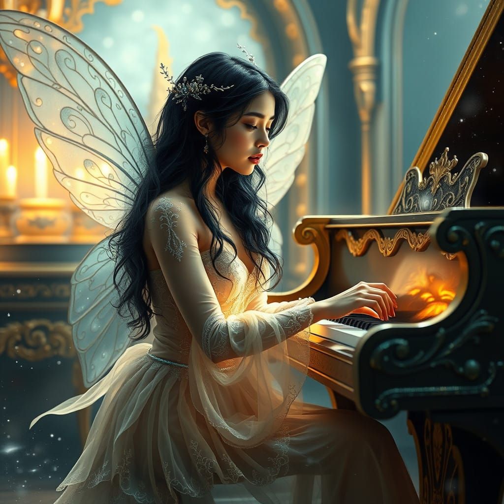 Ethereal Fairy Plays Golden Piano in Modern Noir Dreamscape