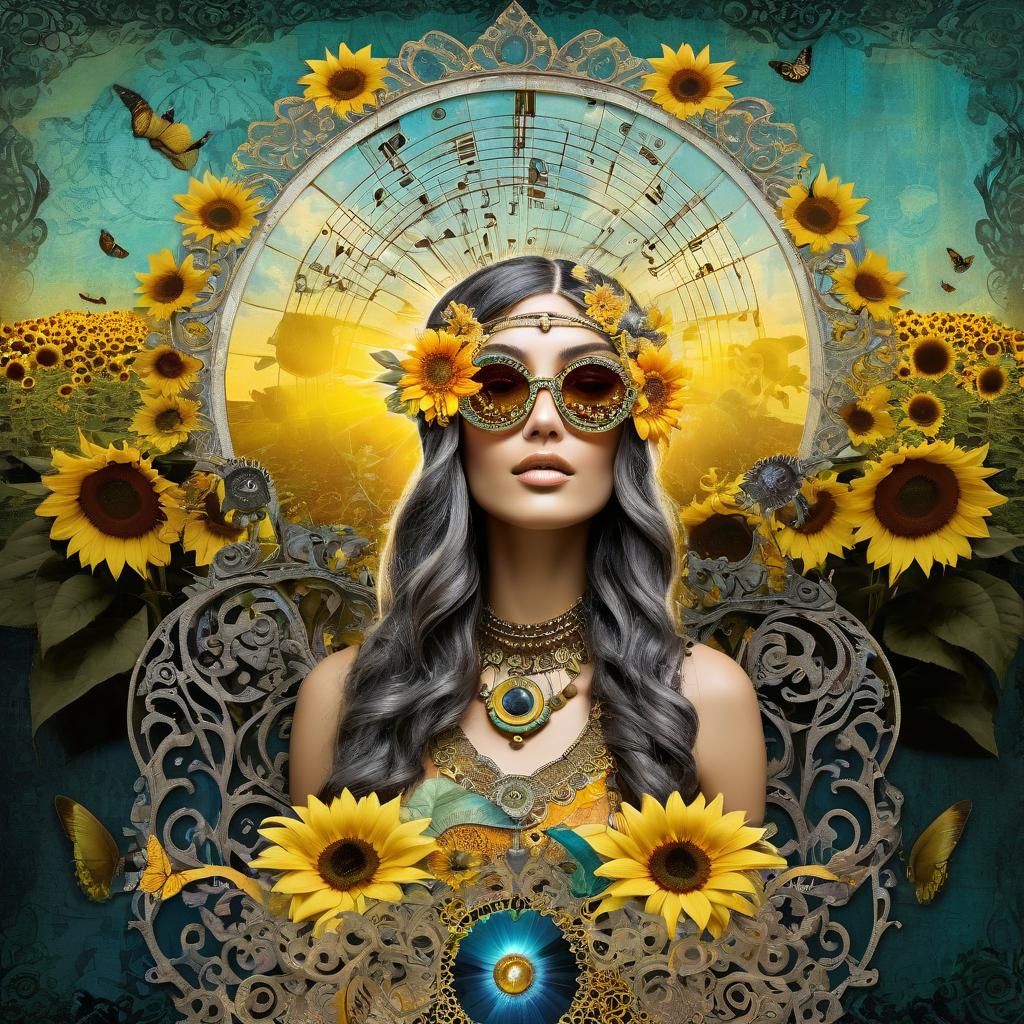 Psychedelic Bohemian Girl Digital Collage with Sunflowers