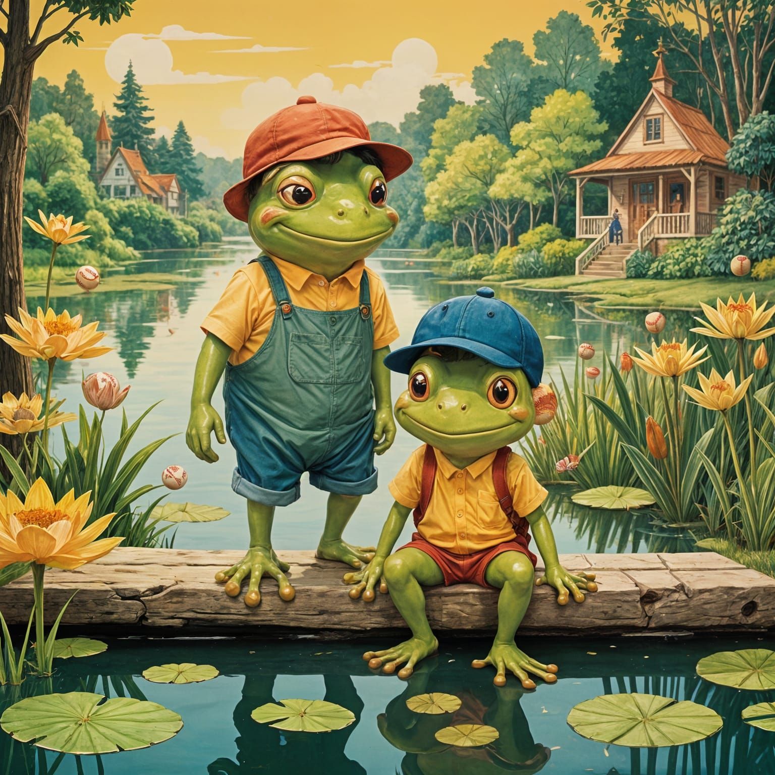 Frogs Play Catch with Baseball in Leisurely Summer Scene