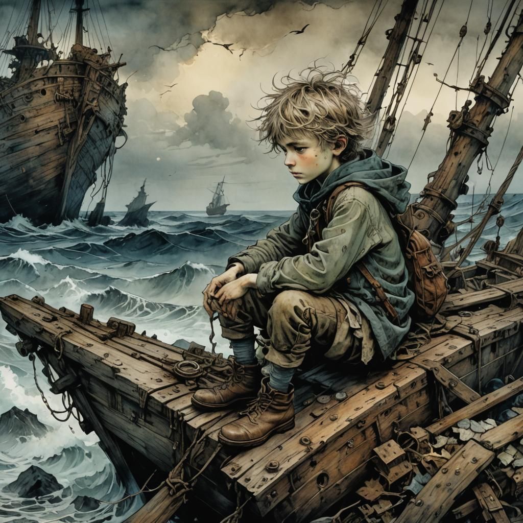 Whimsical Shipwreck Scene in Deep, Mysterious Colors