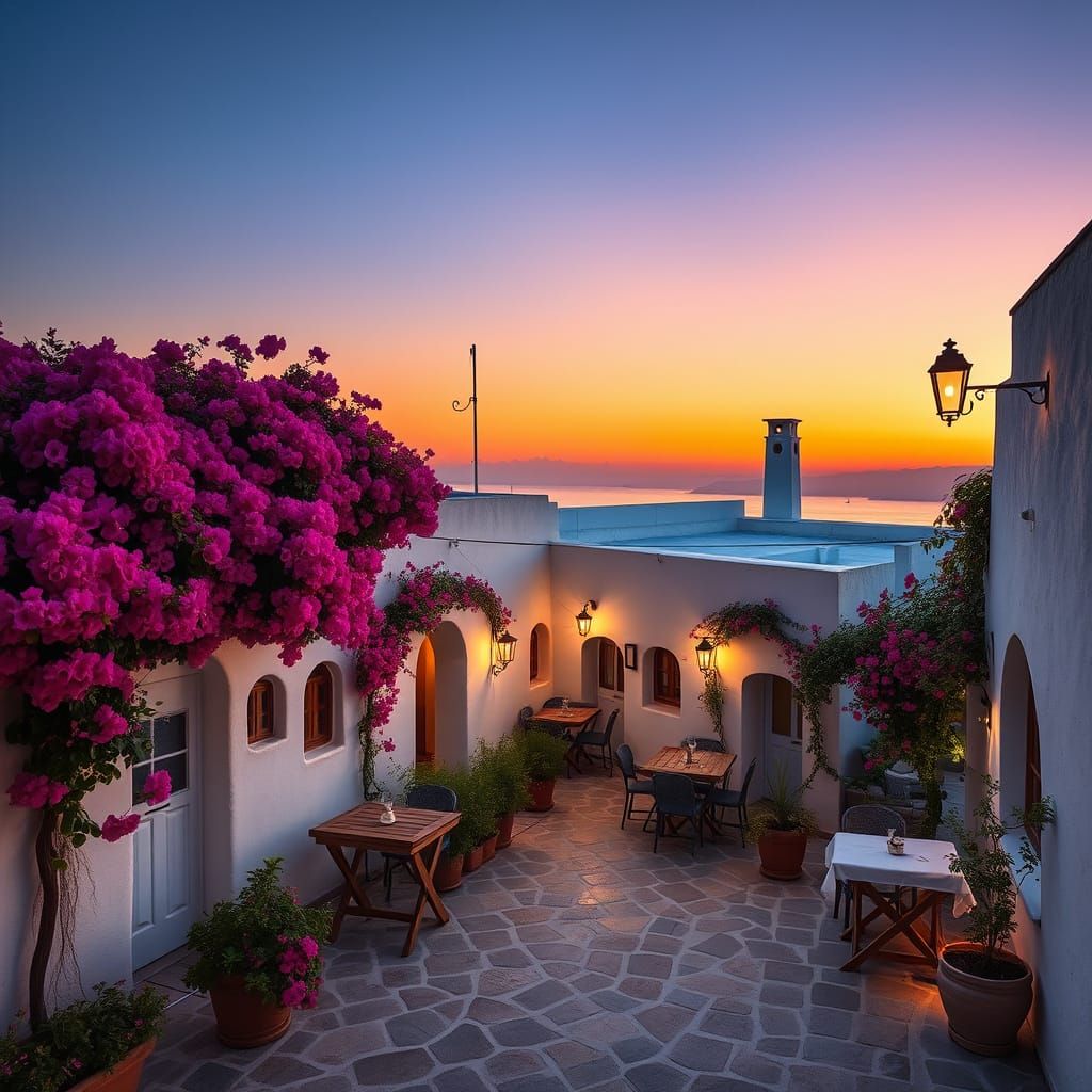 Elegant Greek Taverna at Sunset