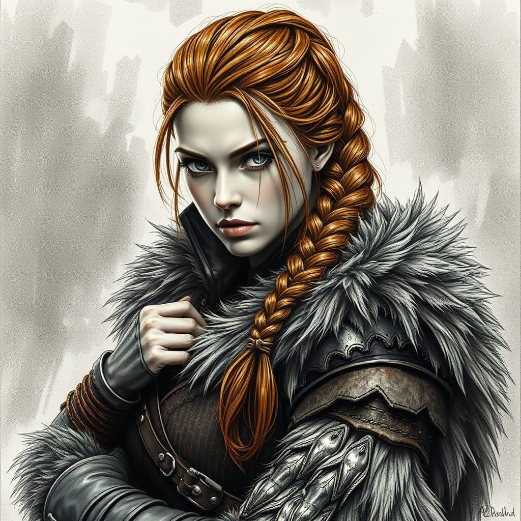 Medieval Barbarian Warrior in Intricate Furs and Leather Arm...