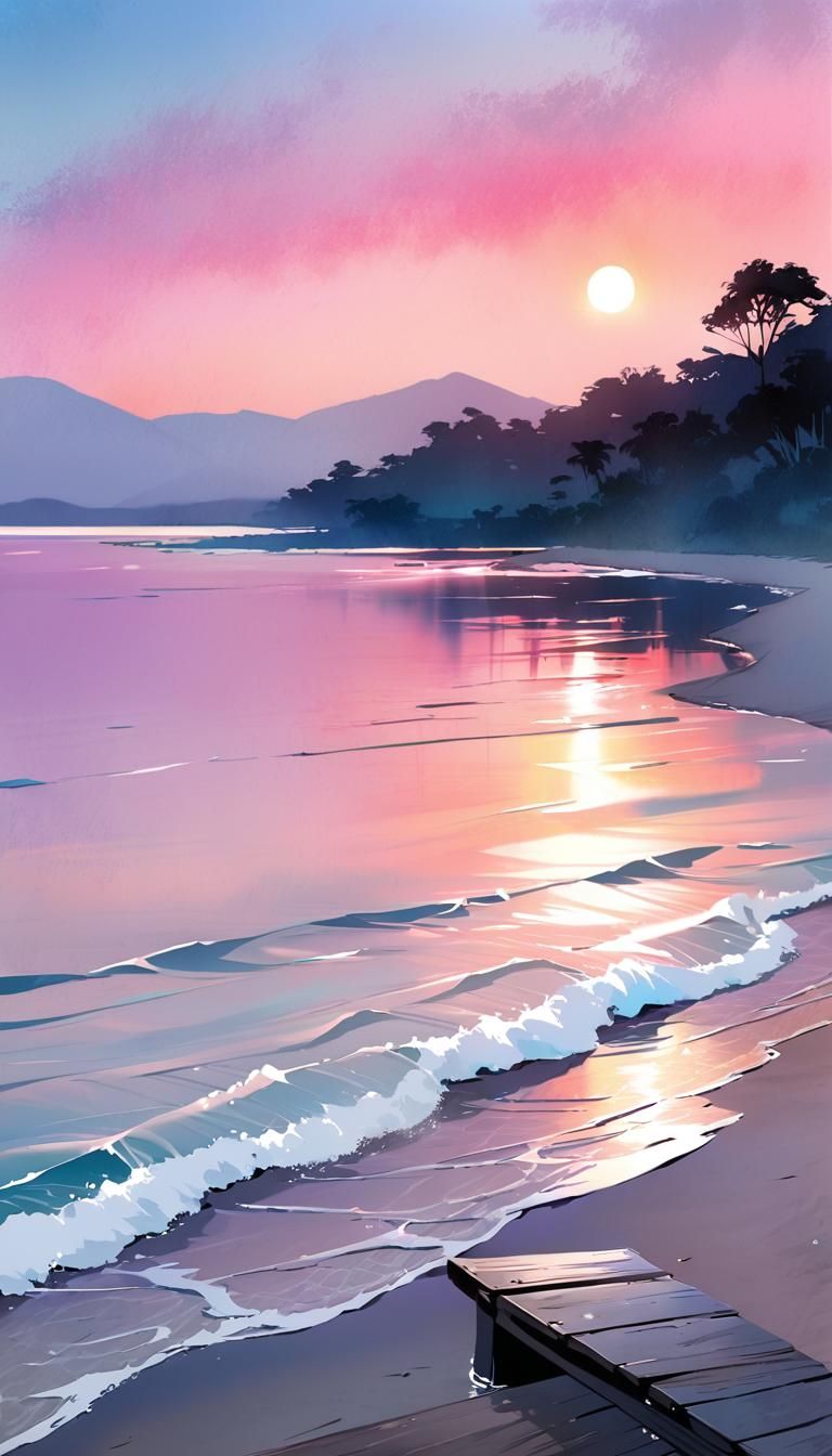 Sunset Shoreline in Dreamy Impressionist Style