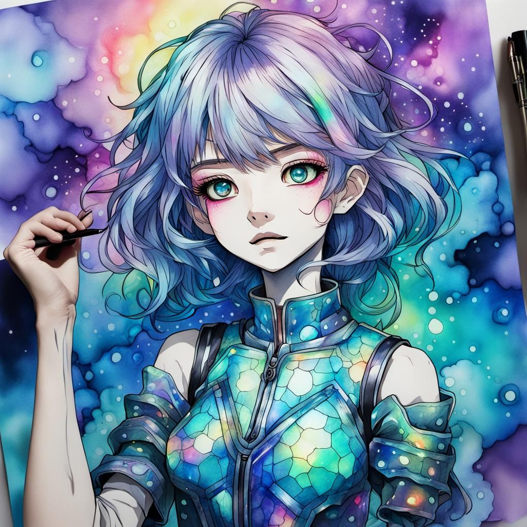 Otherworldly Anime Character with Holographic Highlights