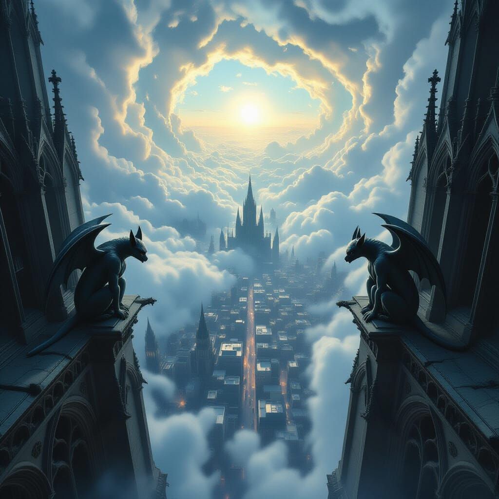 Gothic Cathedral Overlooking Cityscape in Hyperrealism