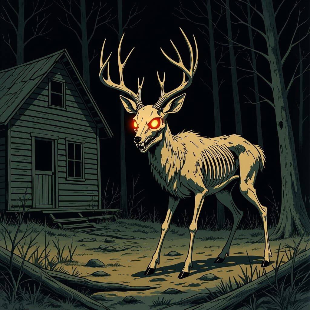 Creepy Deer Skeleton Walking in Dark Woods