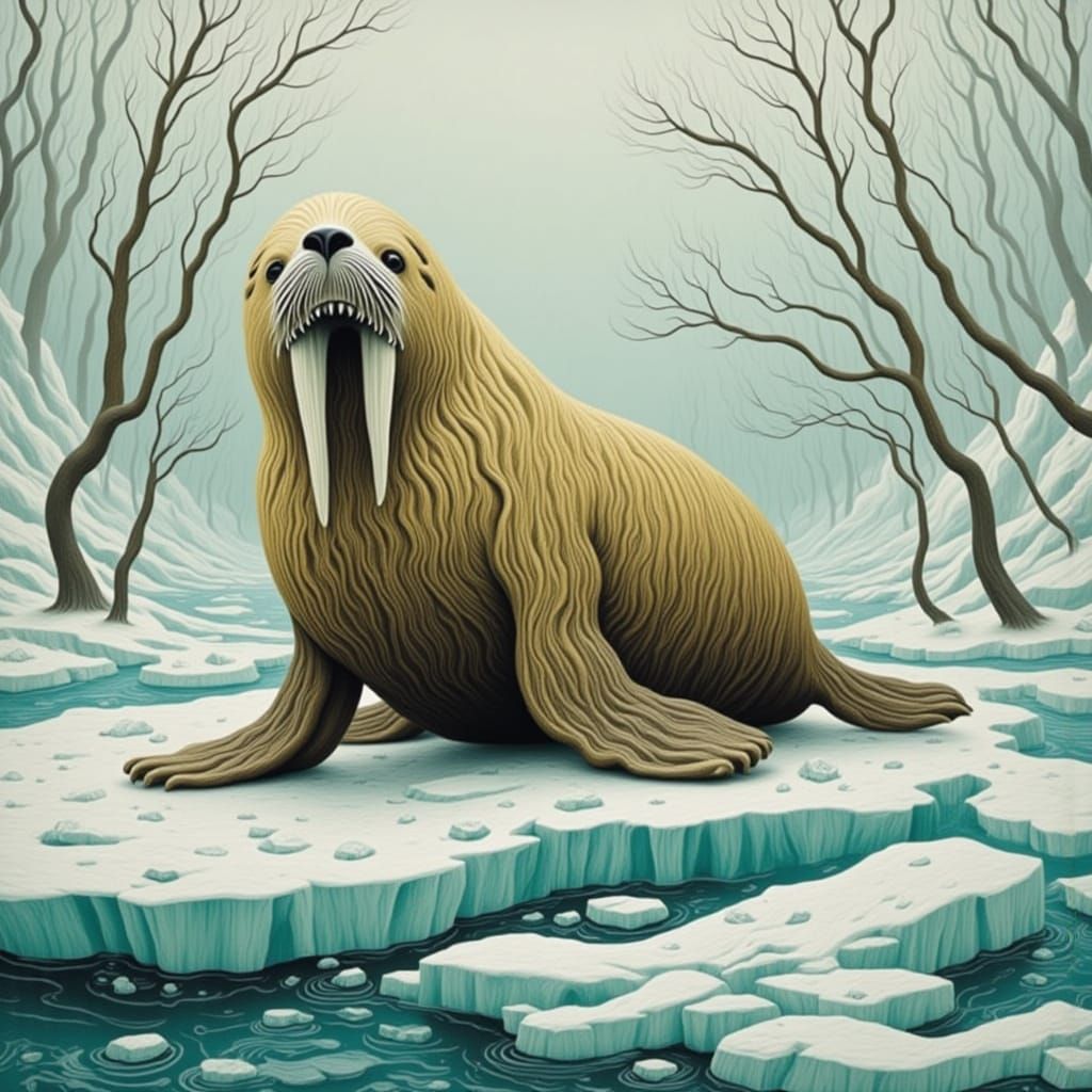 Whimsical Woodcut of a Walrus on Ice